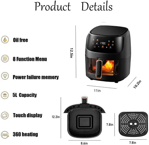 Vista 8 de Freidora de aire, freidora de aire con ventana de visualización y pantalla táctil, sin aceite y más saludable, gran capacidad de 5 l, control Negro