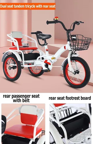 Vista 4 de Triciciclos plegables para niños con mango parental, triciclos tándem de 3 a 10 años con asiento trasero del pasajero, silla de montar ajustable