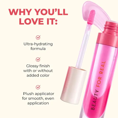 Vista 4 de Beauty For Real Lip Revival Hi-Shine - Aceite labial hidratante, boina de frambuesa (rosa transparente) - Ligero - Antiadherente, acabado brillante