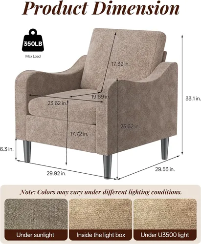 Vista 2 de LEVELEVE Silla con brazo Accent – marrón claro, silla de lectura cómoda tapizada para sala de estar, dormitorio, apartamento, sala de espera