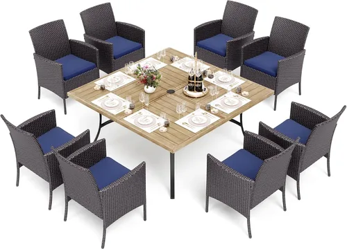 Vista 26 de PHI VILLA Juego de comedor al aire libre de 5 piezas para 4, mesa de comedor cuadrada de metal y sillas de mimbre de ratán con cojines, muebles