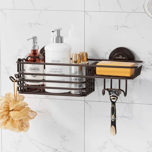 Vista 14 de LEVERLOC Cesta de ducha con ventosa, cesta de ducha con ganchos y jabonera para baño, organizador de ducha para baño sin necesidad de taladrar