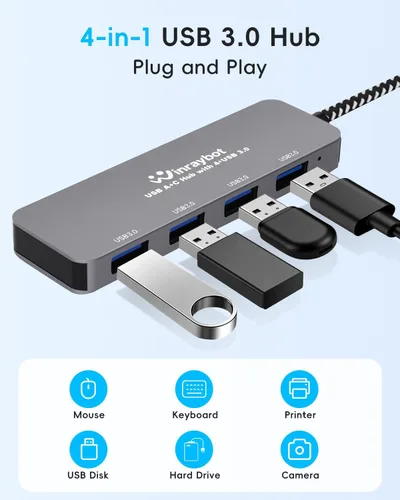 Vista 3 de Hub USB para laptop, divisor USB de 4 puertos, concentrador USB a concentrador de puerto USB 3.0, concentrador USBC de múltiples puertos, extensor