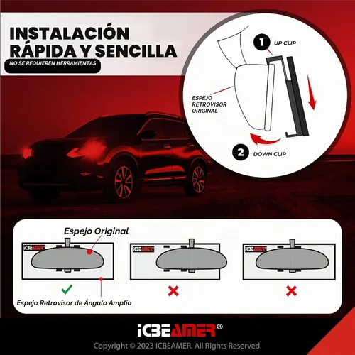 Vista 7 de Espejo retrovisor ICBEAMER de 9.4 pulgadas con clip Tinte azul convexo, vidrio panorámico de gran angular HD, antirreflejo, ajuste universal