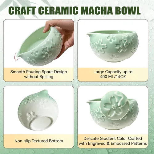 Vista 4 de Paquete de 8 juegos de té Matcha de cerámica, juego de batidor de tazón