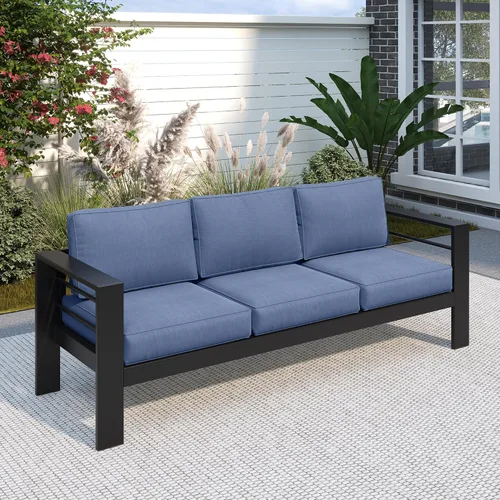 Vista 23 de Solaste Sofá de aluminio para patio con mesa auxiliar, juego de 3 muebles de patio con cojines, sofá de exterior para todo tipo de clima