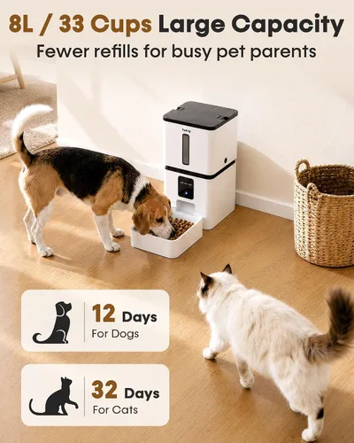 Vista 2 de Comedero automático para perros con cámara WiFi: 33 tazas, control de aplicación 5G, configuración fácil, dispensador de comida para gatos