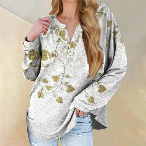 Vista 2 de FlekmanArt Sudaderas con estampado de cuello en V para mujer, de manga larga, con botones, para ocultar el vientre