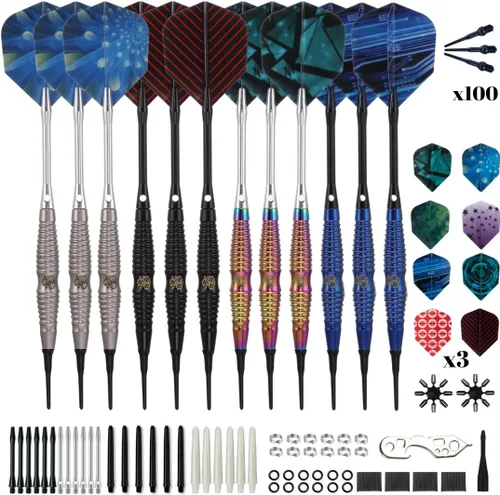 Vista 8 de Shot Taker Co. - Juego de dardos de punta suave, 12 piezas con 100 puntas de dardos adicionales, 24 protectores de vuelo y llave para tablero
