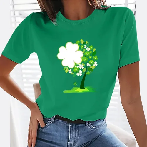 Vista 2 de Camiseta casual de manga corta para mujer, camiseta de San Patricio, blusa verde con cuello redondo, camiseta irlandesa de trébol