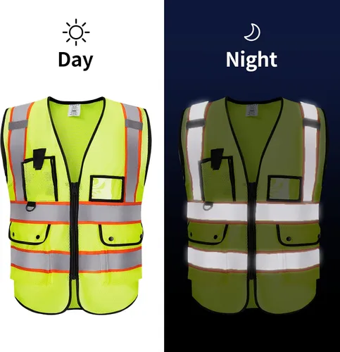 Vista 3 de Chaleco Reflectante Clase 2 de Seguridad ANSI con Bolsillos y Cremallera de Alta Visibilidad Uniforme de Construcción K-amarillo-1pack-personalizado