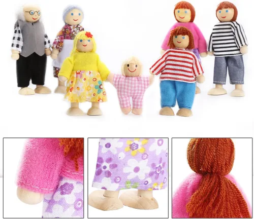 Vista 6 de Juego de 7 figuras de madera con perro para niños, casa de muñecas, regalo de simulación