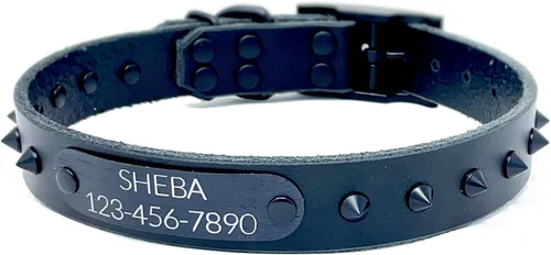 Vista 9 de Personalized Spiked Bridle Leather Dog Collar, Engraved Matte Black Metal Nameplate (Mustard Yellow)