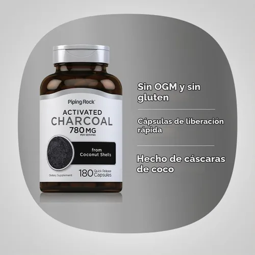 Vista 4 de Piping Rock Píldoras de carbón activado 780 mg 180 cápsulas