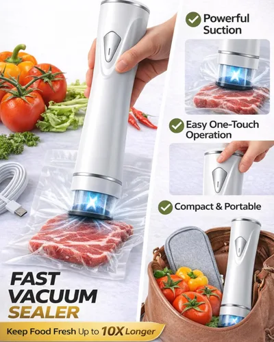 Vista 2 de Sellador al vacío de mano para alimentos con tanque de agua visible, potente máquina selladora al vacío compacta con 30 bolsas de vacío
