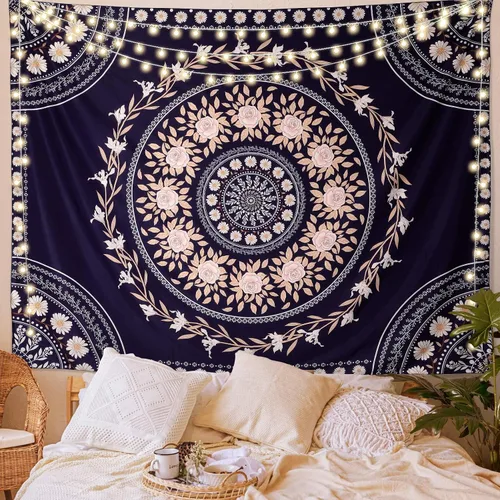 Vista 2 de FLY SPRAY Tapiz estético de mandala, tapices bohemios para colgar en la pared, tapiz de medallón floral de rosa oscura, arte de pared bohemio