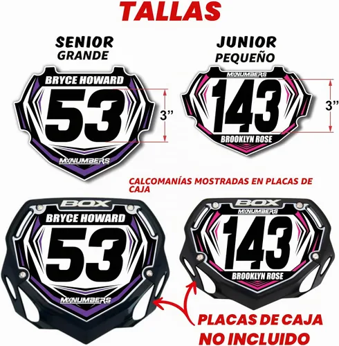 Vista 2 de MxNumbers Placa de caja BMX personalizada inserto, gráficos de carreras multicolor, fase 2 Junior y Senior