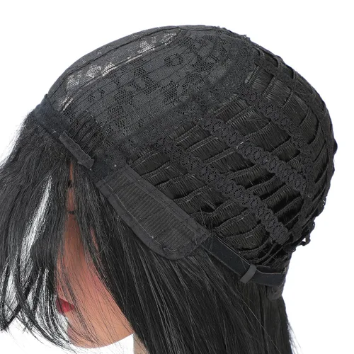 Vista 6 de SWACC Peluca larga y rizada ondulada con flequillo peluca de pelo sintético para mujeres con gorra de peluca (negro)