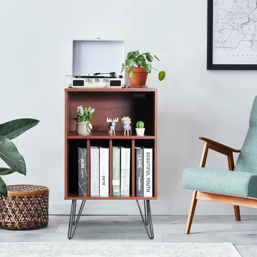 Vista 5 de Tangkula Record Player Stand, Turntable Stand with Metal Legs, Vinyl Record Storage Cabinet w/ 5 Open Shelves Holds up to 150 Albums for Living Room