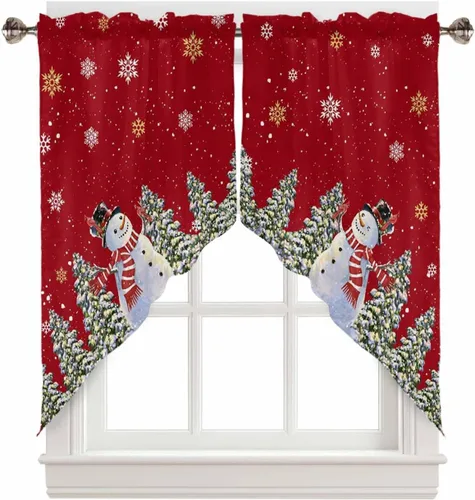 Vista 24 de BEMIGO Cortinas de cocina de Navidad, lindas cortinas de granja con muñeco de nieve azul, cenefa con bolsillo para barra de copos de nieve