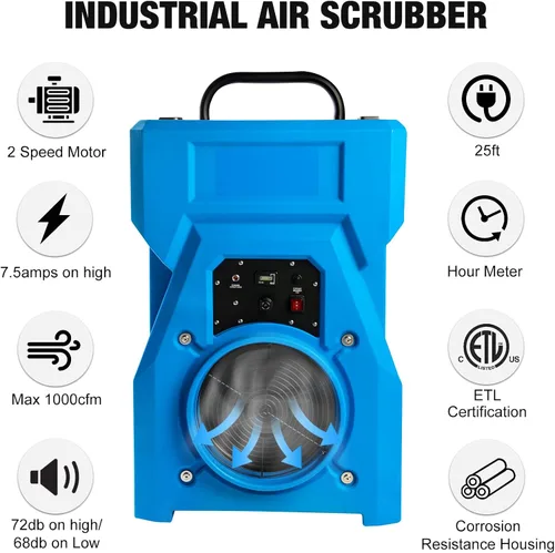 Vista 7 de MOUNTO Purificador de aire industrial portátil de 1000 cfm, depurador de aire negativo, potente motor de 1HP, filtro HEPA verdadero, 2 velocidades