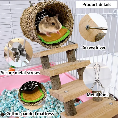 Vista 3 de Hamiledyi Juguetes de escalada para hámster, hamaca colgante de madera, juego de escaleras, accesorios de jaula para ratones de jerbo de hámster