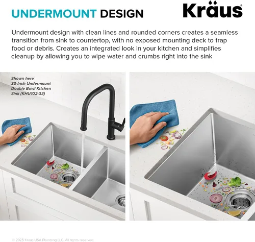 Vista 8 de Kraus Fregaderos de cocina de montaje inferior, fregadero de cocina de acero inoxidable de 32 pulgadas, cuenco doble 60/40, calibre 16