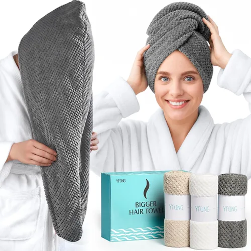 Vista 9 de YFONG Paquete de 3 Toallas Grandes de Microfibra para Envolver el Cabello, 30" x 10" Más Gruesas Anti Encrespamiento Secado Rápido Toallas
