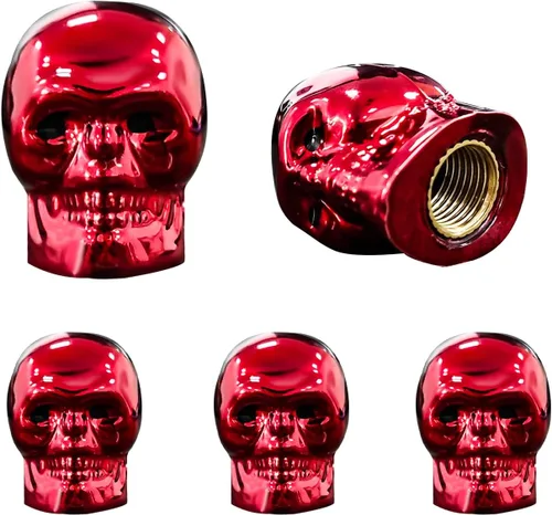 Vista 7 de Dickno 5 tapas de vástago de válvula de neumático estilo calavera con anillo de goma, cubierta de tapones de aire de auto con ojos rojos, tapas