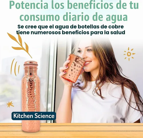Vista 7 de Kitchen Science Botella de agua de cobre ayurvédico auténtica (1000 ml/34 oz) con vaso de cobre para agua potable, bolsa de transporte y funda