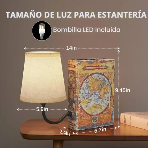 Vista 4 de Lámpara de estantería vintage recargable, lámpara de libro inalámbrica con pantalla de lino, lámpara de mesa regulable con control táctil