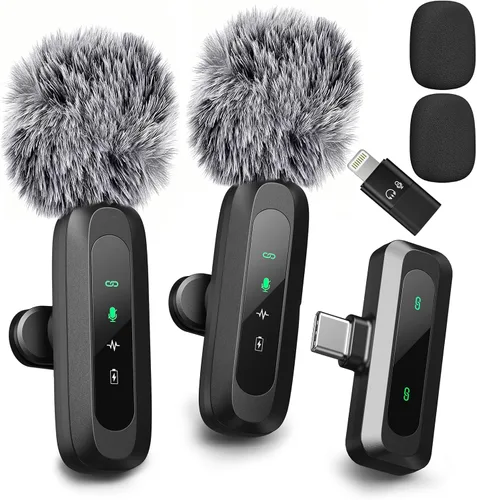 Vista 4 de Mini micrófono mejorado para iPhone, Android/iPad PC con pantalla LED, micrófonos inalámbricos con clip, micrófono Lavalier USB C con cancelación