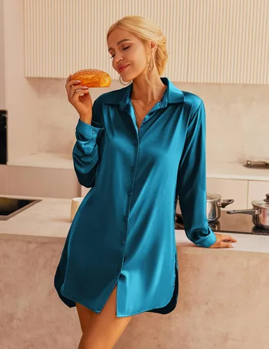 Vista 3 de Ekouaer Camisón de satén de seda para mujer, con botones, manga larga, tallas S-3XL