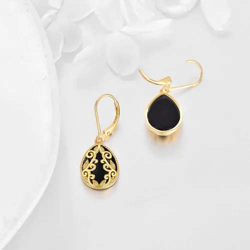 Vista 4 de Aretes de ónix negro de plata de ley chapados en oro amarillo de 18 quilates con filigrana bohemia, aretes colgantes de joyería para mujeres y niñas