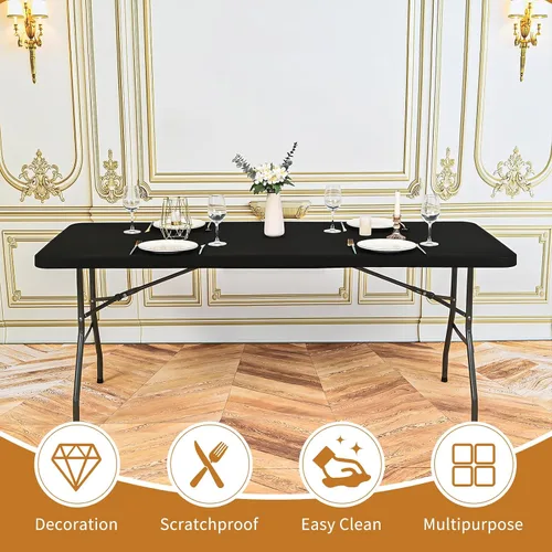 Vista 4 de Paquete de 12 fundas de tela elástica para mesas de 6 pies, fundas de mesa de elastano negro, protector universal rectangular para interiores