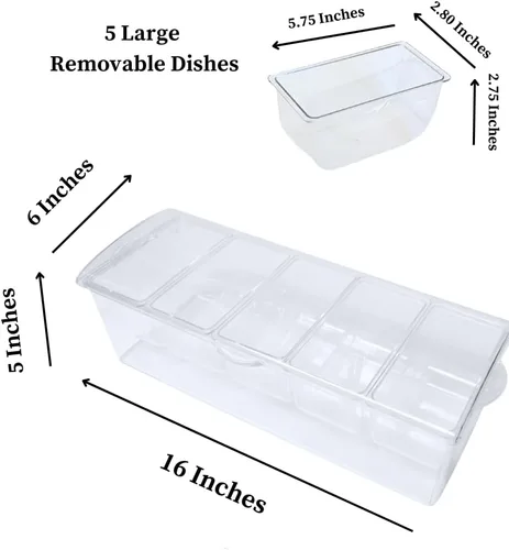 Vista 2 de Evelots Ice Chilled - Bandeja de condimentos de 5 compartimentos con tapa con bisagras, recipiente de plástico para servir para adornos, perfecto