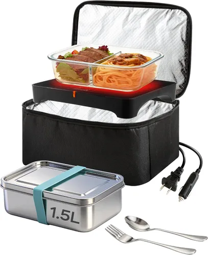 Vista 8 de Horno portátil, lonchera eléctrica de 100 W, calentador de alimentos, 3 en 1 12 V/24 V/110 V, lonchera térmica para automóvil, camión, oficina