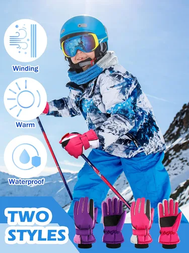Vista 4 de Newcotte 2 pares de guantes de nieve de invierno para niños, guantes de esquí cálidos, guantes de esquí para niños, snowboard y nieve, guantes