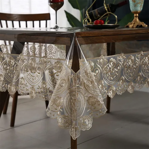 Vista 7 de Dimatic Mantel impermeable de plástico transparente, mantel redondo de vinilo PVC con encaje de macramé, a prueba de derrames de aceite, cubierta