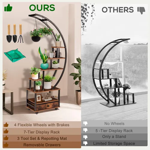 Vista 4 de 2 soportes para plantas de interior de media luna de 71 pulgadas de alto con ruedas bloqueables, estante para plantas de 14 niveles con cajón