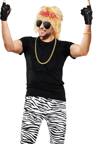 Vista 3 de Mepase 7 piezas de disfraces de los años 80 para hombre, disfraz de rock, pantalones rockeros, peluca, guantes, collar dorado, pulsera, lentes