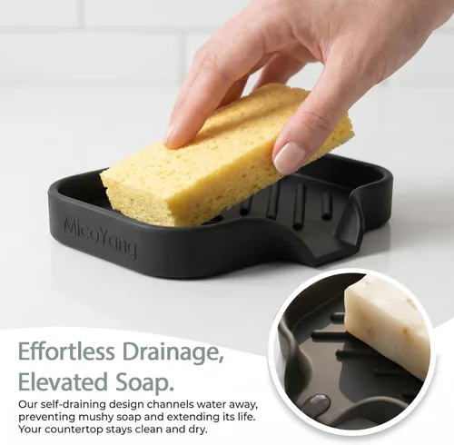 Vista 7 de MicoYang Jaboneras de Baño de Silicona con Boquilla de Drenaje - Organizador de Fregadero de Baño y Cocina, Soporte para Esponja, Bandeja de Jabón