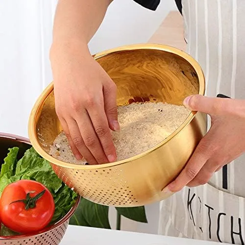 Vista 3 de Meisha - Cuenco de lavado de arroz, colador versátil 3 en 1 de acero inoxidable y colador de cocina con escurridor lateral para arroz, verduras