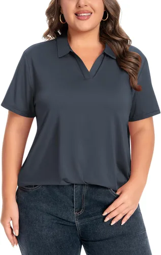 Vista 8 de Idtswch Camisa polo de manga corta con cuello en V para mujer, de secado rápido, UPF 50+, informal, para trabajo, golf, talla XL - 6XL