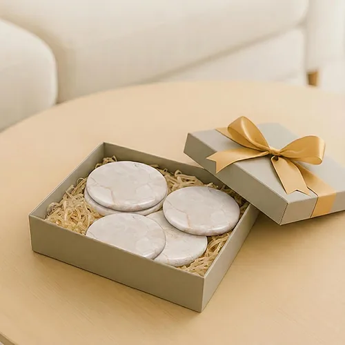 Vista 9 de Creative Home Natural Champagne Marble Set of 4 Piece Round Coasters, 4" Diameter