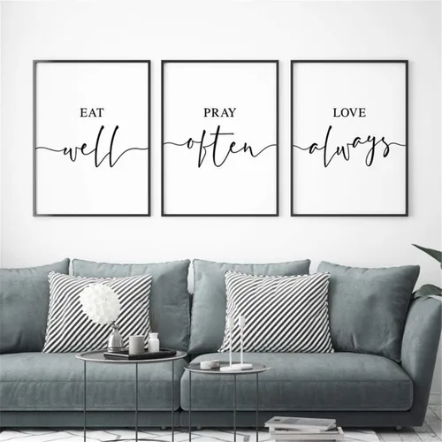 Vista 2 de NATVVA Pósteres de lienzo blanco y negro con texto en inglés "Eat Pray Love", impresiones artísticas de 3 piezas con marco interior de madera