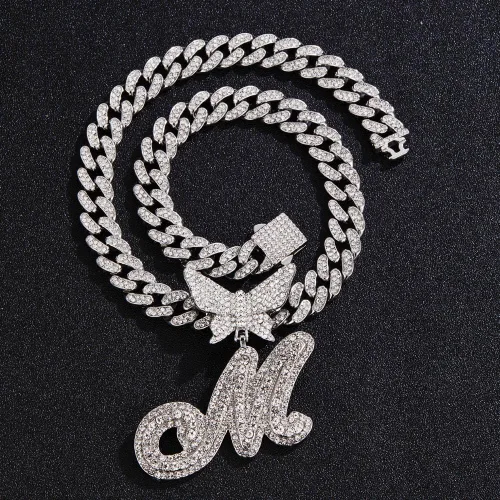 Vista 4 de Cadena de eslabones cubanos de plata para mujeres y hombres, letra inicial personalizada, collar personalizado, collar de diamantes de cadena