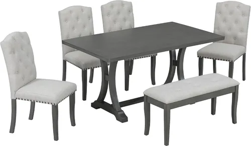 Vista 9 de JIVOIT Farmhouse - Juego de mesa de comedor de 6 piezas, juego de cocina de madera con caballete rectangular y 4 sillas tapizadas y banco para Gris