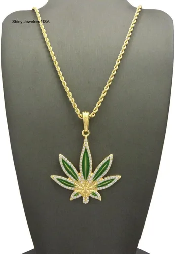 Vista 5 de Brillante joyeros EE. UU. Para hombre Iced Out (), color verde de mariguana hojas marihuana Hip Hop colgante caja, cuerda, cubano collar