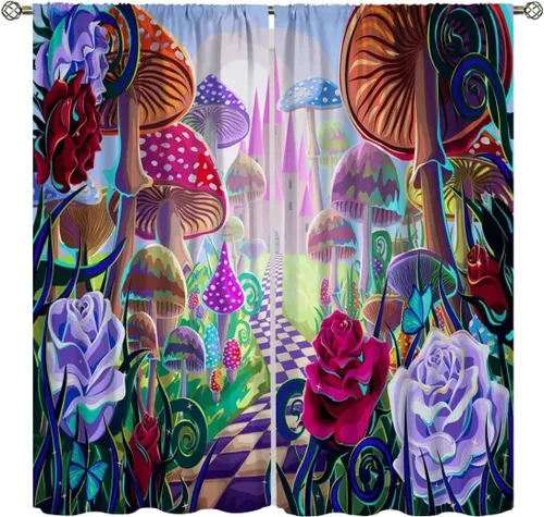 Vista 17 de Cortinas semitraslúcidas de hongos, estilo bohemio, plantas místicas, sol, luna, tratamiento de ventana para dormitorio, sala de estar, cocina